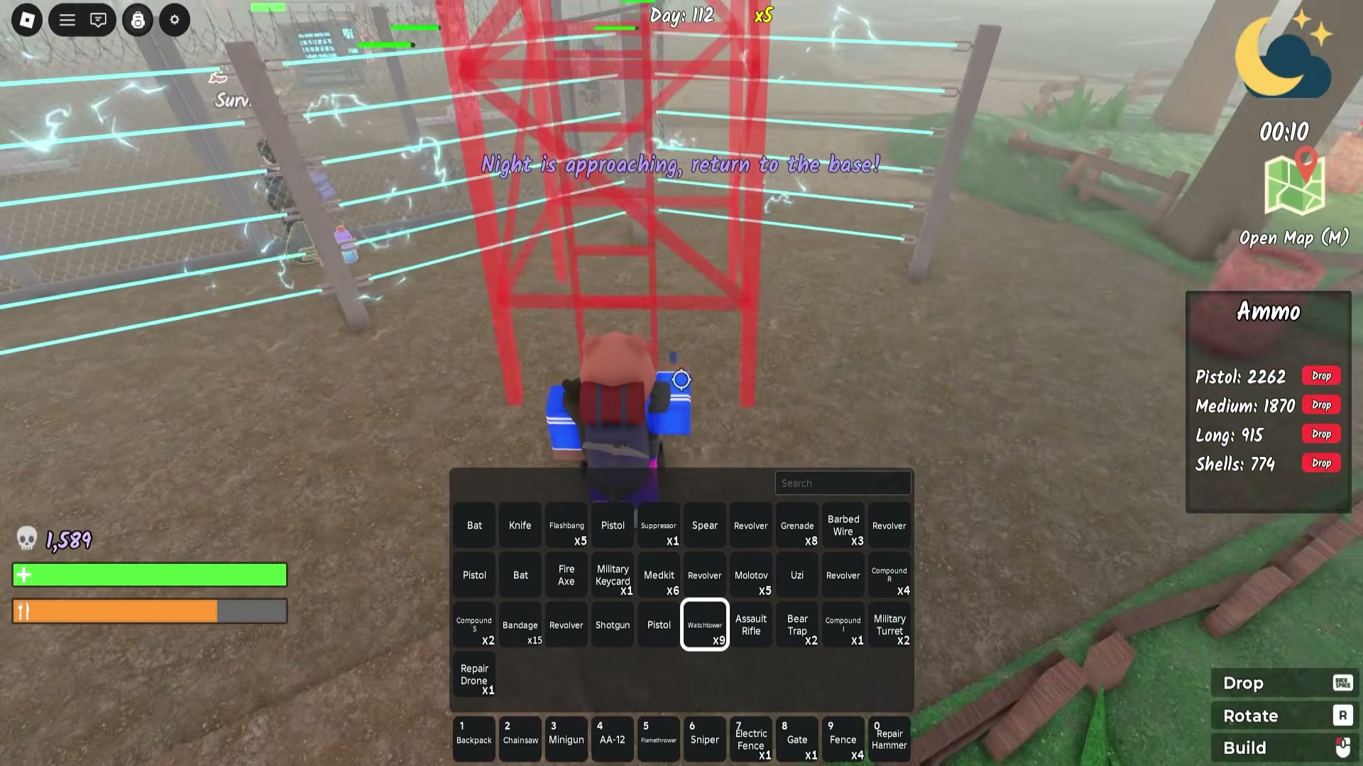 Survive the Apocalypse base building — watchtower electric fence perimeter and repair drones — screenshot 4 of 14